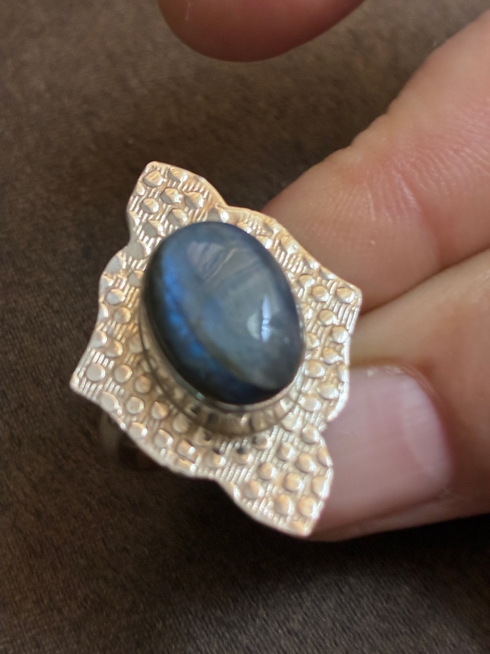 Flashy Blue Laboradite stone sterling silver ring! marked 925 diamond shaped SS